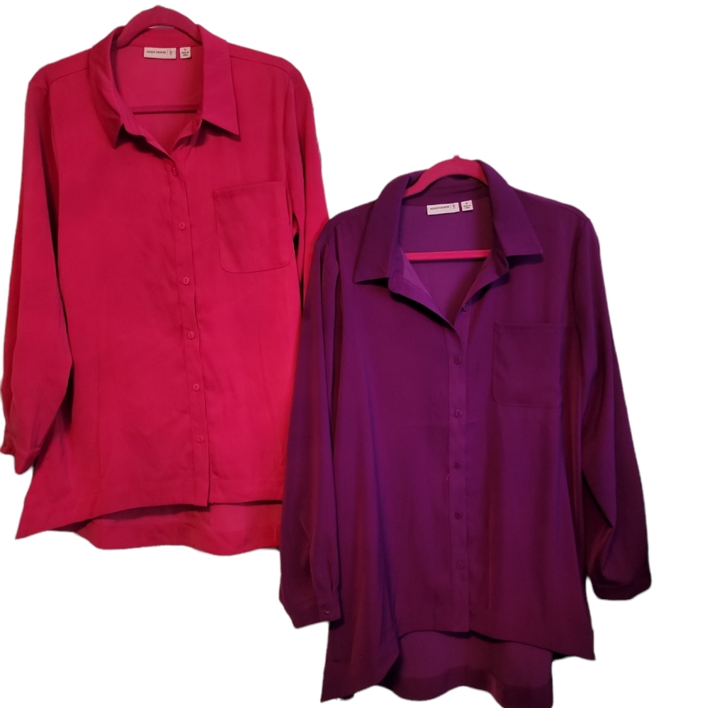 TWO Susan Graver career tunic length blouses